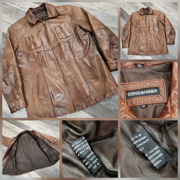 VTG Steve Madden Mens LT L Large T Tall Distressed Brown Genuine Leather Jacket - Picture 1 of 13